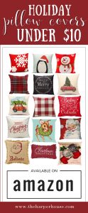 Cheap holiday & Christmas pillows under $10 bucks. Start your Christmas decorating early this year with these super cute affordable Christmas pillows from Amazon! www.theharperhouse.com