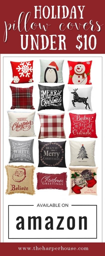Cheap holiday & Christmas pillows under $10 bucks. Start your Christmas decorating with these super cute affordable Christmas pillows from Amazon! www.theharperhouse.com