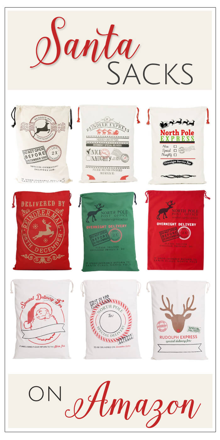 Santa sacks - cute and cheap wrapping for all those odd shaped presents! Available on Amazon