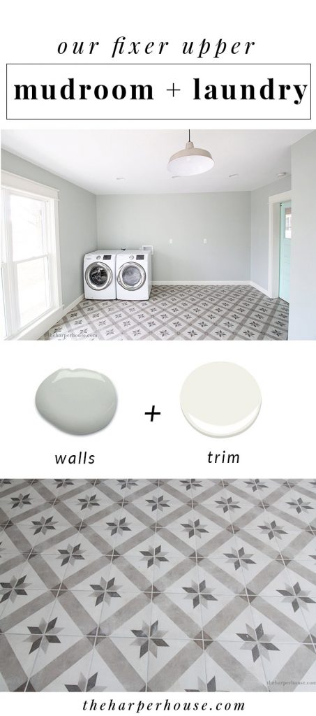 our fixer upper mudroom & laundry reveal featuring cement tile look alike flooring, sherwin williams silver strand walls, and a fun barn door! | theharperhouse.com