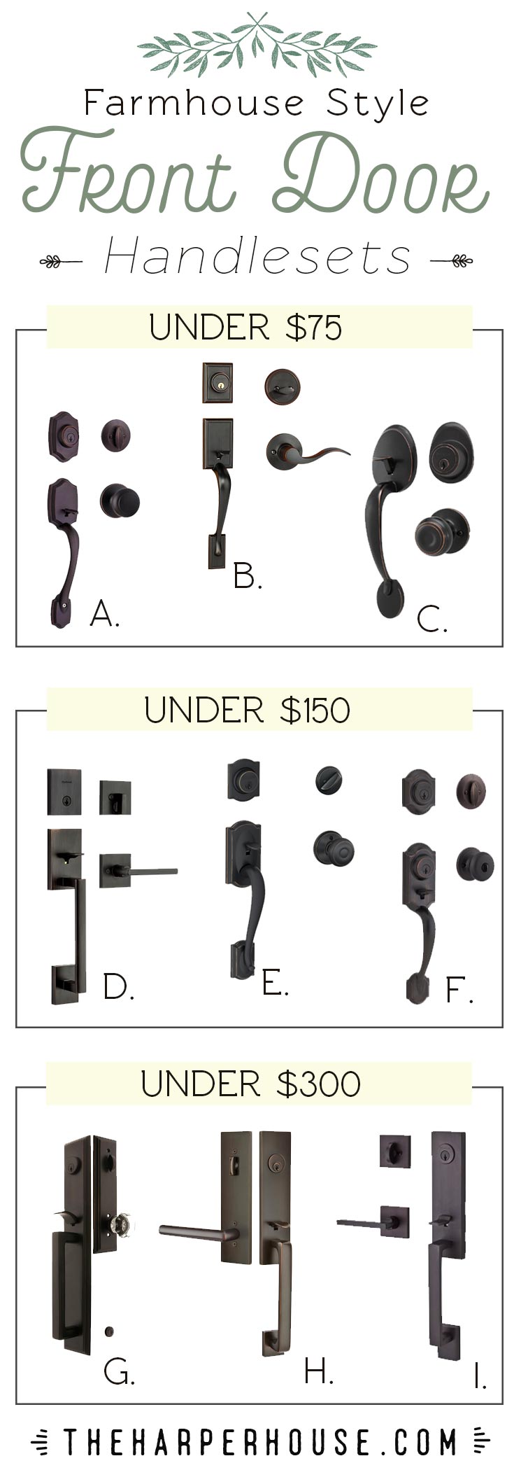 full source list of affordable front door handles for a modern farmhouse look. Most available on Amazon!