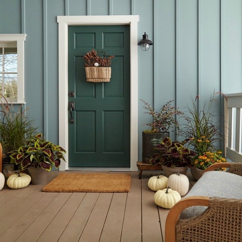 Front Door Paint Colors: In the Moment T18-15 (body), Yucca White YL-W8 (trim), Equilibrium T18-20 (front door)