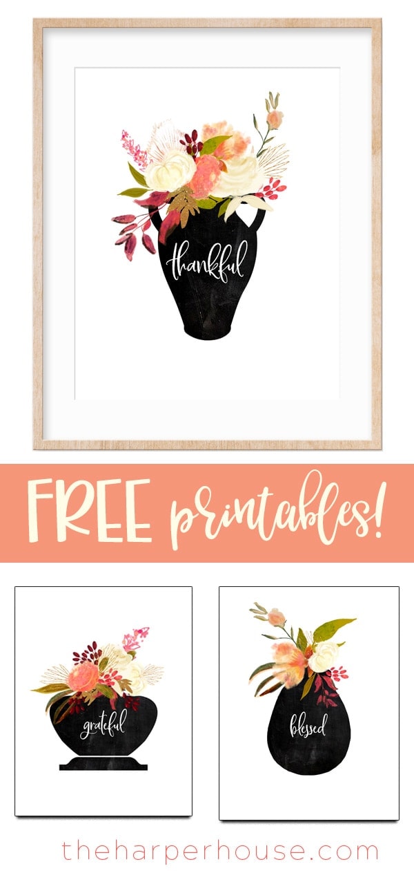 FREE! Thankful Grateful Blessed floral printable. Print off this set of 3 fall printables for some quick easy and cheap fall decor and fall decorating ideas. #fall #printable #freeprintable
