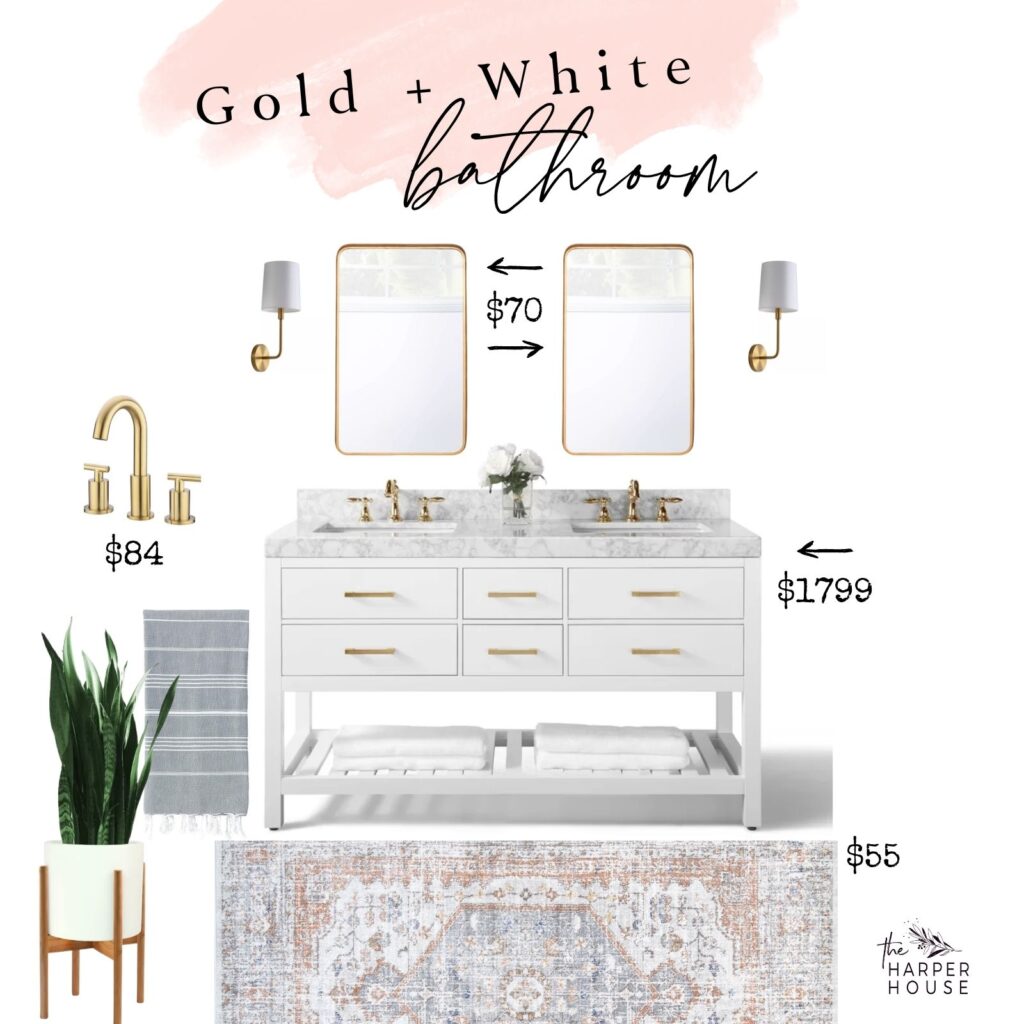 gold and white coastal guest bathroom design